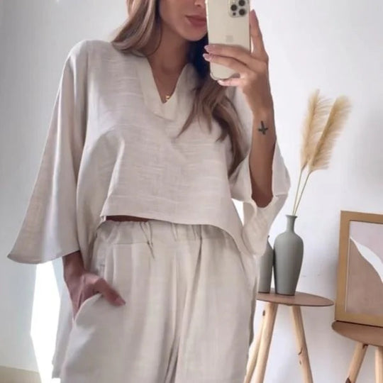 Damen elegantes und lässiges Zweiteiler-Outfit mit weitem Schnitt EB