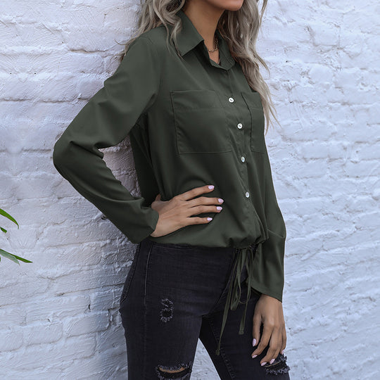 Damen elegante Bluse mit Knopfverschluss und taillierbarem Saum EB