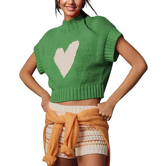 Damen lässiger Kurzarm Pullover mit Herzmotiv EB