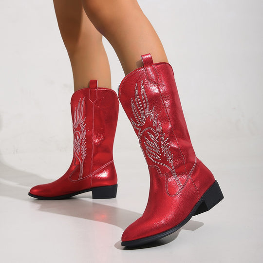 Damen Cowgirl-Kniehoher Stiefel mit dekorativer Stickerei, Pull‑Tabs und komfortablem Blockabsatz EB