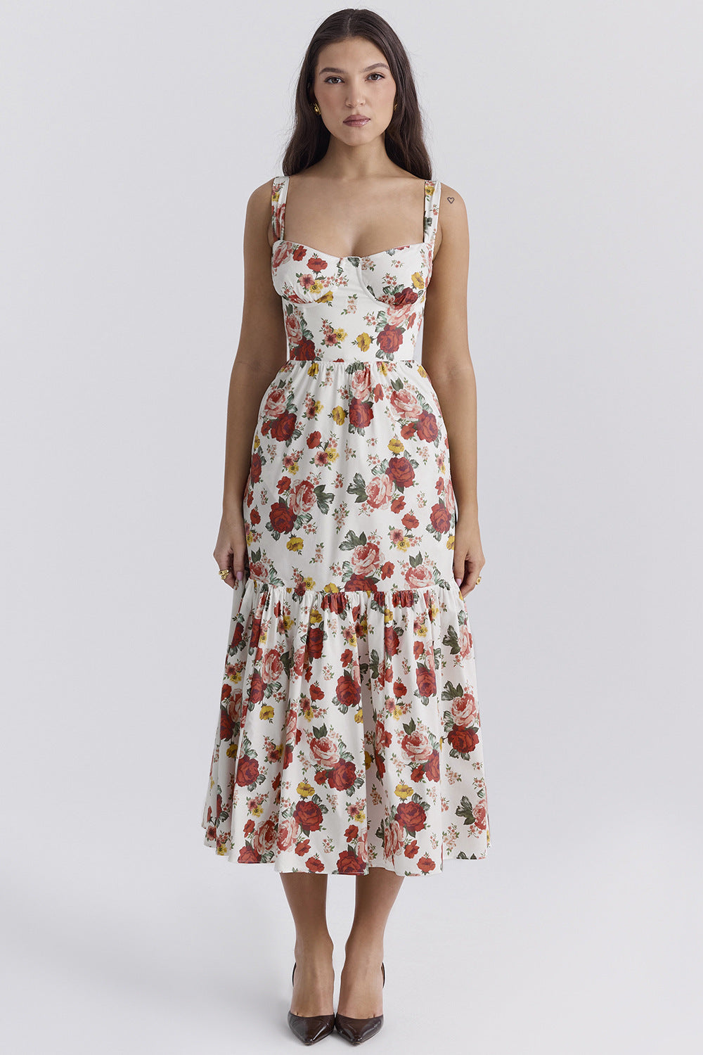 Damen Floral Maxikleid mit schulterfreiem Design und voluminösem Rock EB