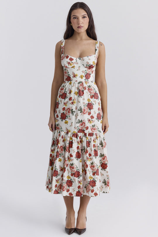 Damen Floral Maxikleid mit schulterfreiem Design und voluminösem Rock EB
