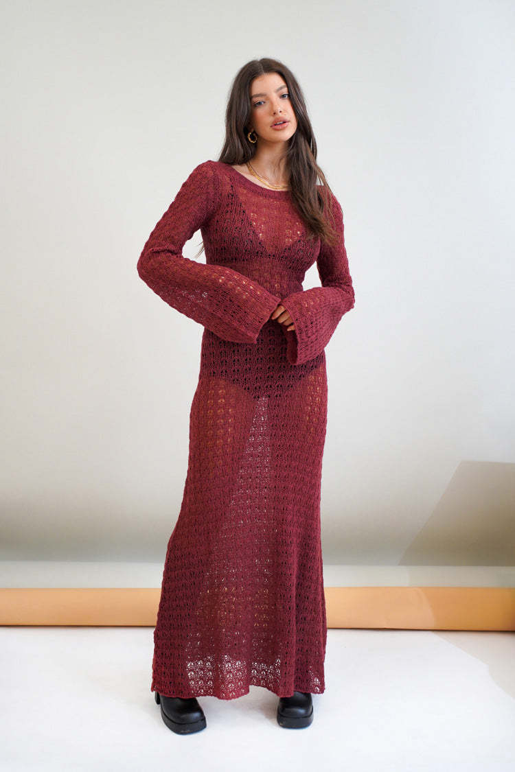 Damen Transparente Maxikleid mit strukturiertem Häkelmuster EB