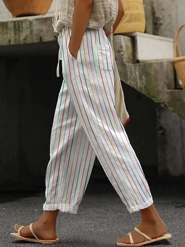Damen Weite Leinenhose mit handgewebtem Muster EB