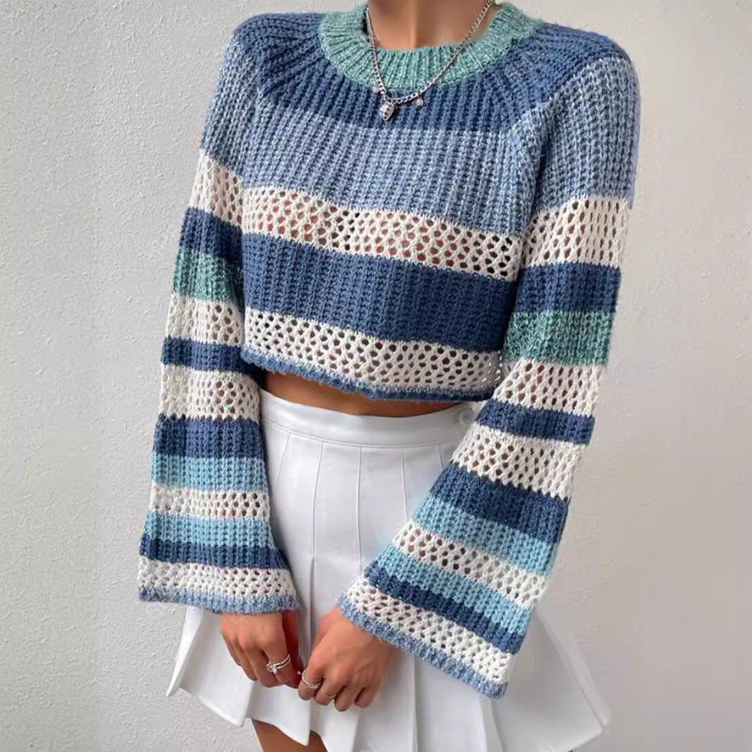 Damen luftiger, gestreifter Strickpullover mit weitem Schnitt EB