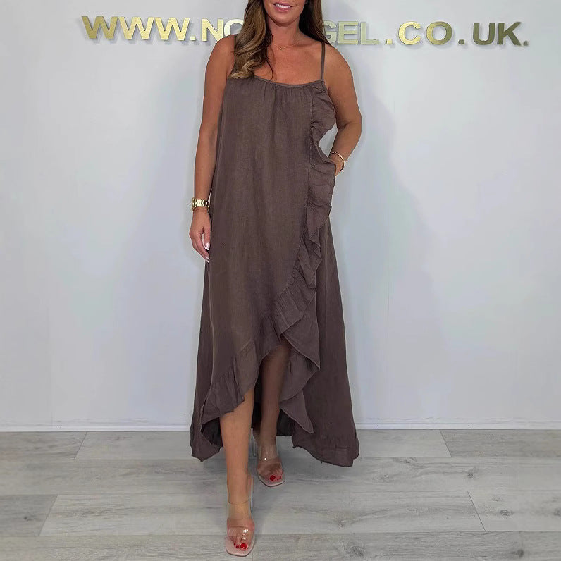 Damen Langarm Maxikleid mit asymmetrischem Saum und Rüsche EB