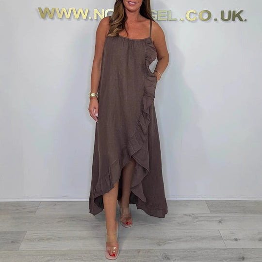 Damen Langarm Maxikleid mit asymmetrischem Saum und Rüsche EB