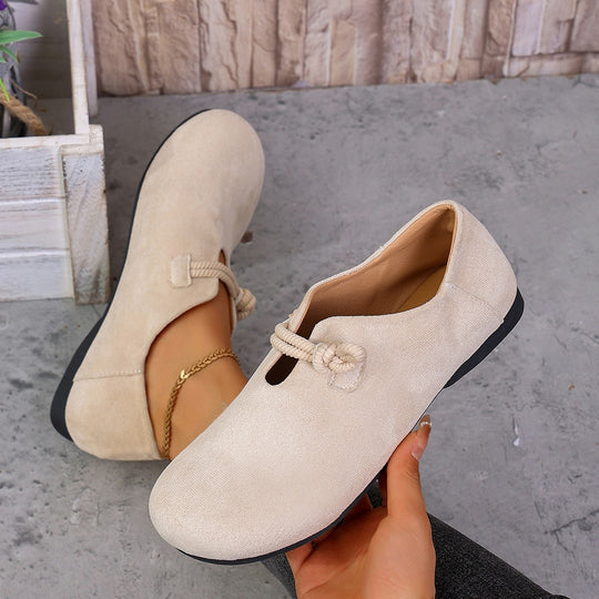 Damen  legere Ballerina Halbschuhe aus Veloursoptik mit dekorativer Knotenlasche und flexibler rutschfester Sohle EB