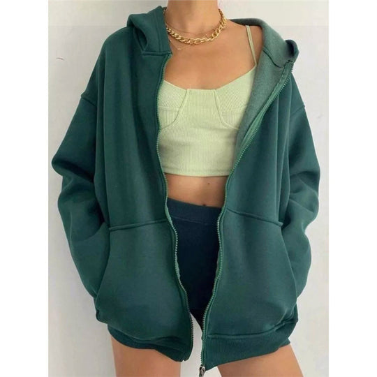 Damen nan oversized Kapuzenjacke mit Reißverschluss und Kängurutaschen EB