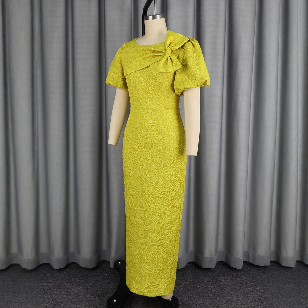 Damen elegantes Maxikleid mit voluminösen Puffärmeln und raffiniertem Schleifendetail EB