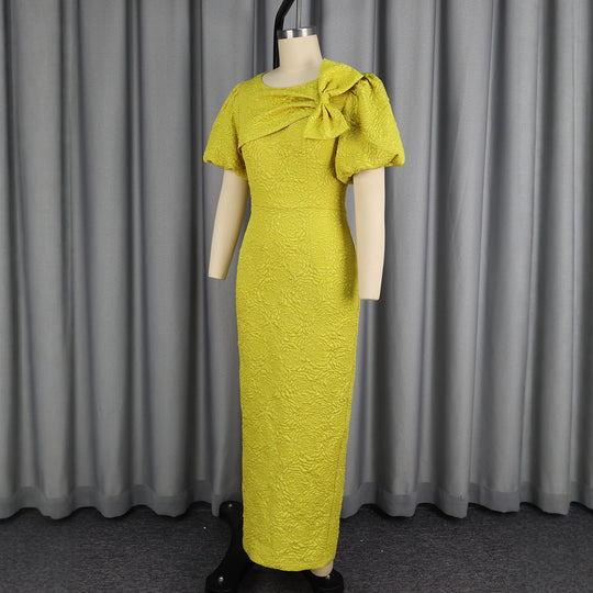 Damen elegantes Maxikleid mit voluminösen Puffärmeln und raffiniertem Schleifendetail EB