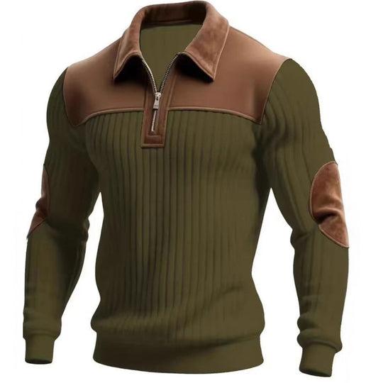 Herren nan gerippter Halbzip-Pullover mit kontrastierenden Lederapplikationen an Schultern und Ellenbogen EB