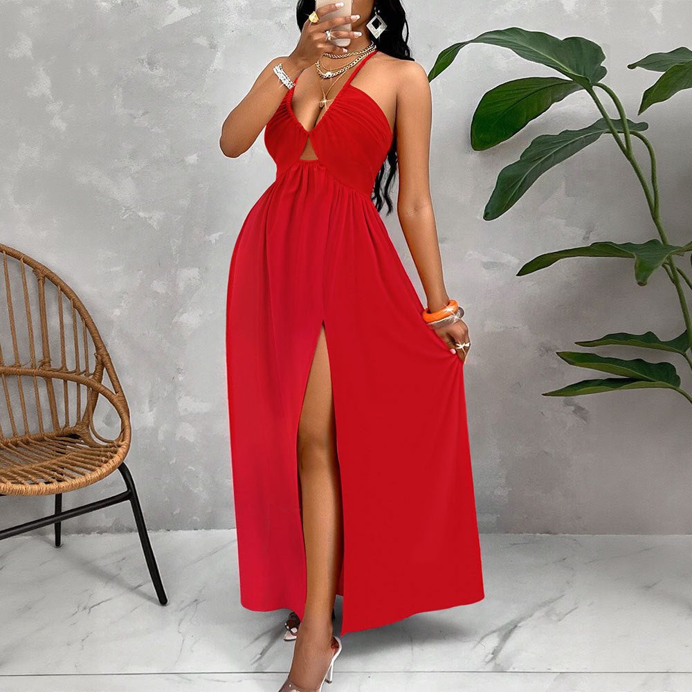 Damen Maxikleid mit tiefem V-Ausschnitt und seitlichem Schlitz EB