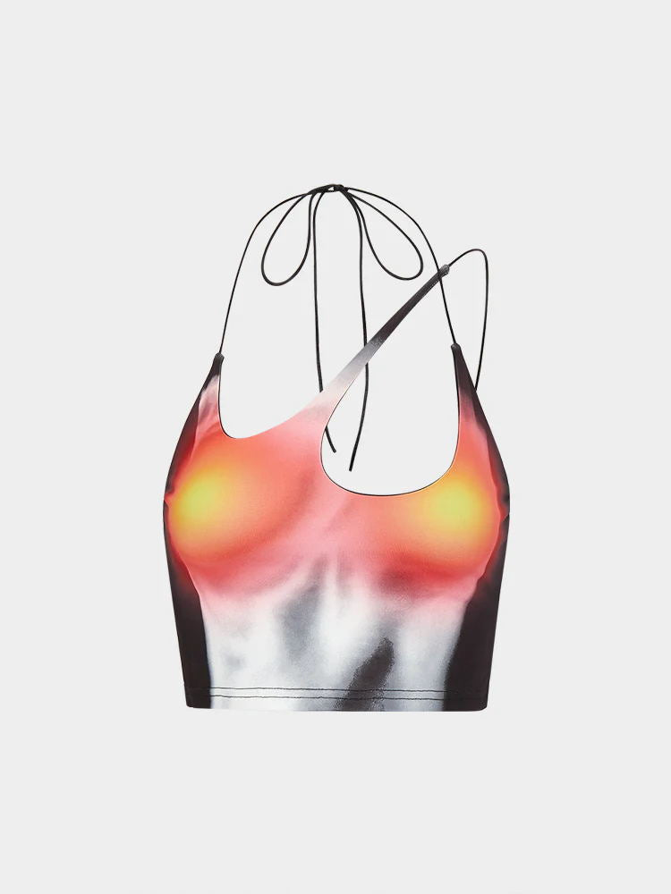 Damen Crop-Top mit asymmetrischem Trägerdesign und lebhaftem Grafikdruck EB