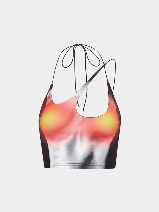 Damen Crop-Top mit asymmetrischem Trägerdesign und lebhaftem Grafikdruck EB