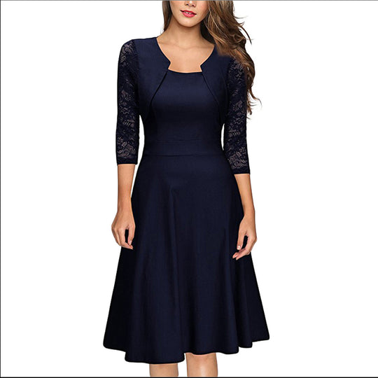 Damen Midi-Kleid mit Spitzenärmeln und schwingendem Rock EB