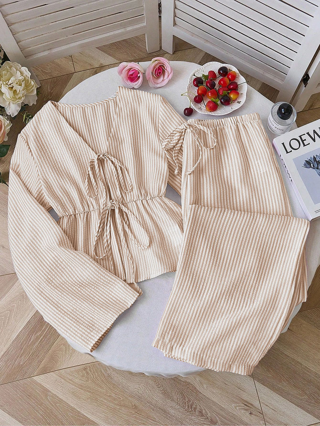 Damen nan gestreiftes Leinenähnliches Homewear-Set mit gerafftem Tunnelzugoberteil und elastischer Bundhose EB