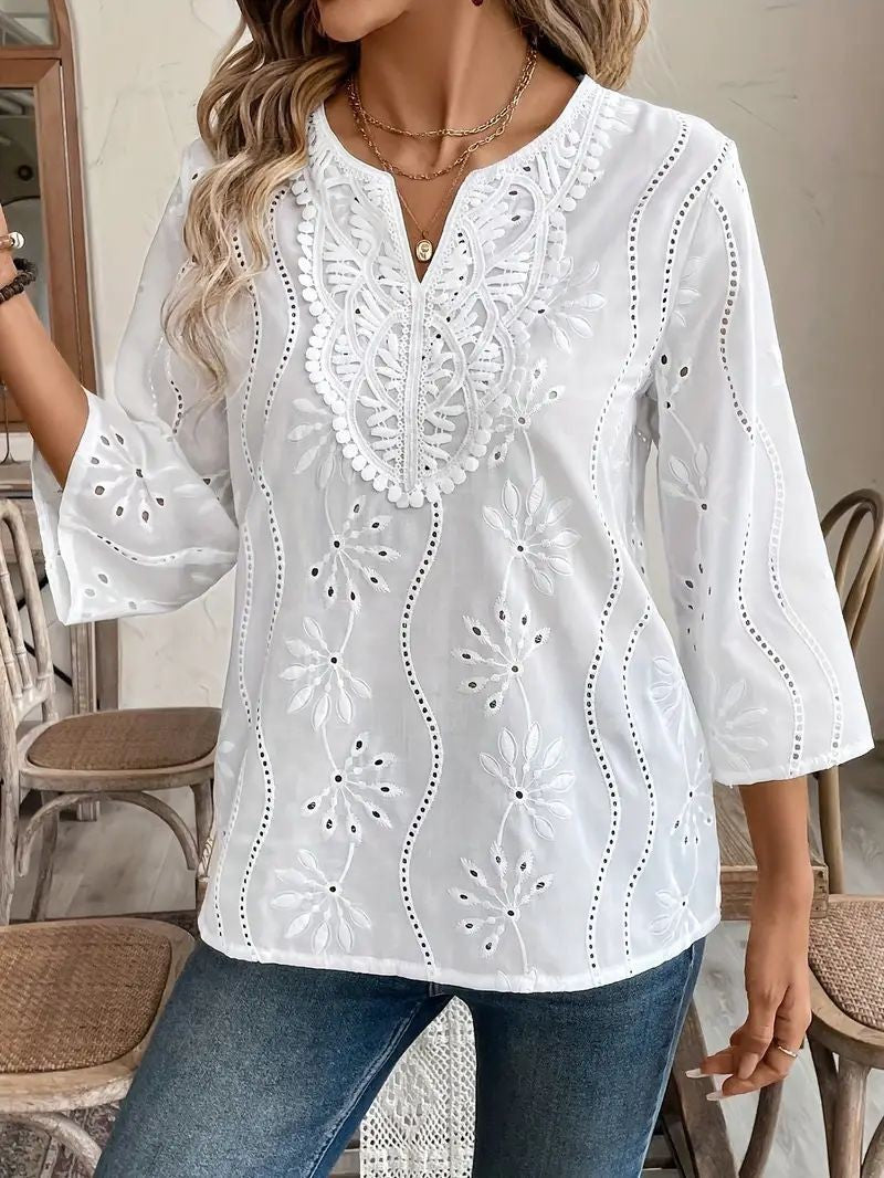 Damen elegante Tambour-Bluse mit floralen Stickereien EB