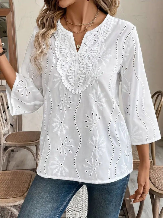 Damen elegante Tambour-Bluse mit floralen Stickereien EB