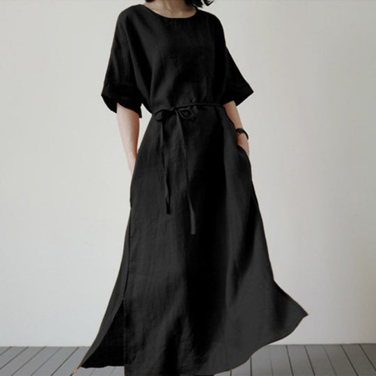 Damen Leinenmaxikleid mit weit geschnittenen Ärmeln und Taillengürtel EB