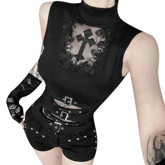 Damen Gothic Body mit dekorativem Spitzen- und Kreuzdesign und tailliertem Schnitt EB