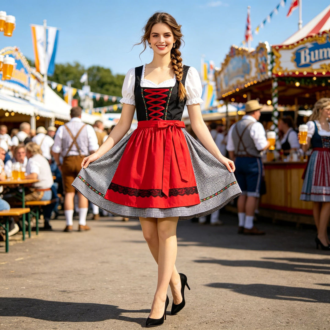 Damen nan traditionelles Dirndlkleid mit Herzausschnitt, geschnürtem Mieder und dekorativer Schürze EB