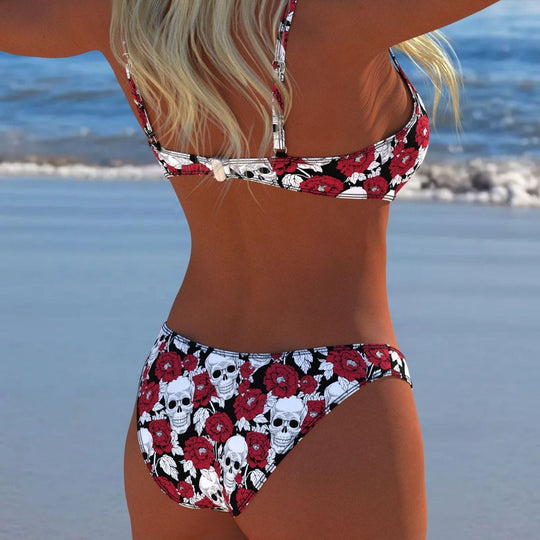 Damen Bikini-Set mit modernem Totenkopf- und Blumenmuster EB