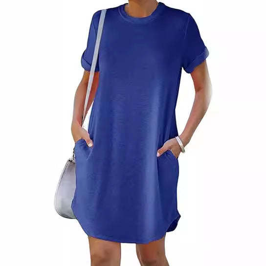 Damen lässiges Freizeitkleid mit Taschen und Rundhalsausschnitt EB