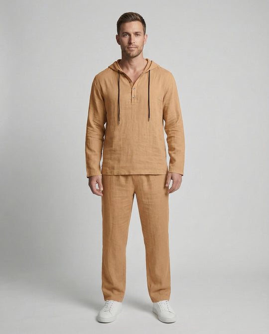 Herren lässiges Leinen-Hoodie-Set mit praktischen Taschen und entspannter Passform EB