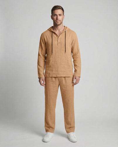Herren lässiges Leinen-Hoodie-Set mit praktischen Taschen und entspannter Passform EB