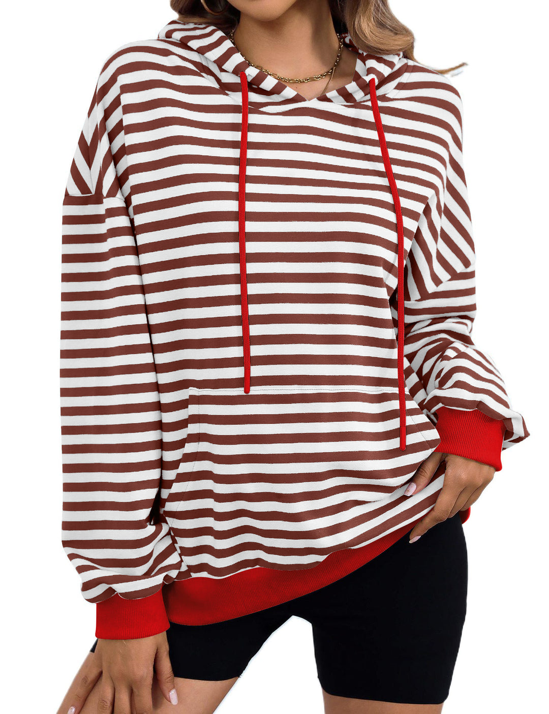 Damen gestreifter Kapuzenpullover mit stylischer Kängurutasche EB