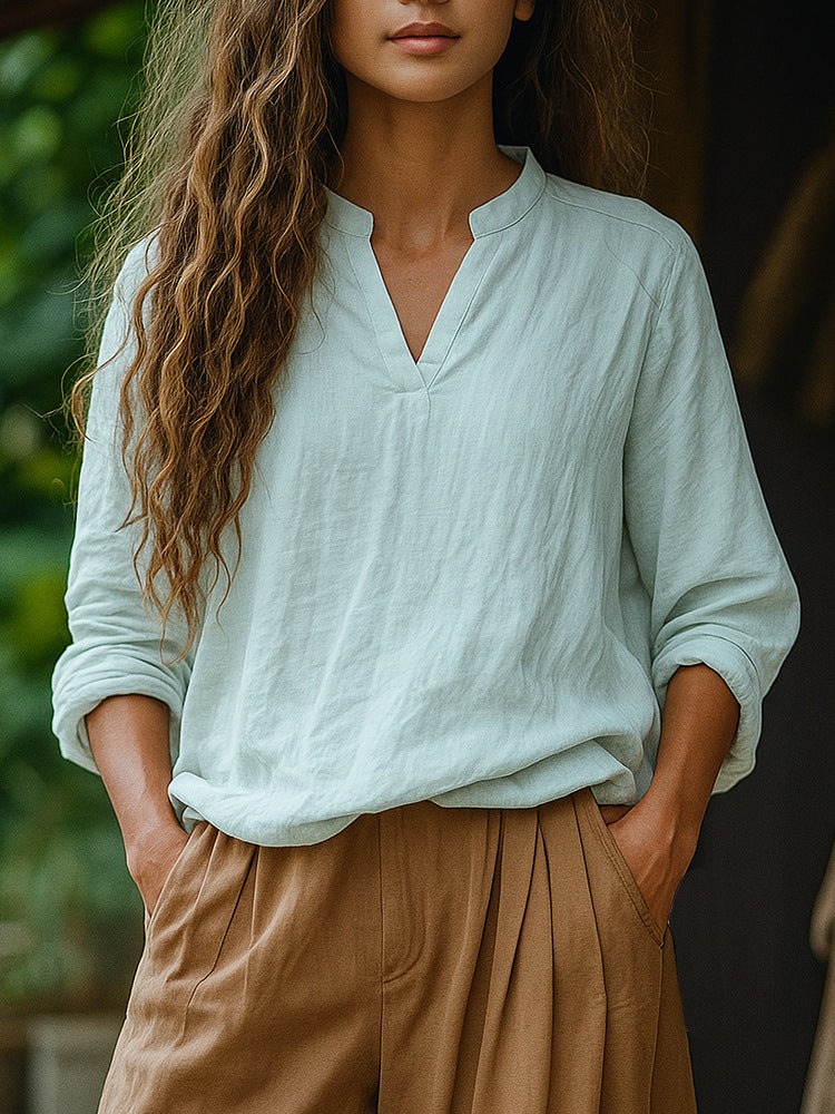 Damen Casual Tunika-Bluse in Leinenoptik mit kleinem Stehkragen und V‑Schlitz EB