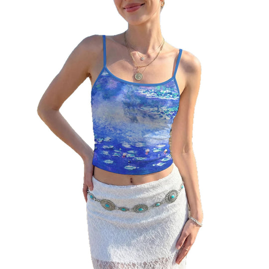 Damen lässiges Blumen-Top mit feinen Spaghetti-Trägern und elastischem Schnitt EB
