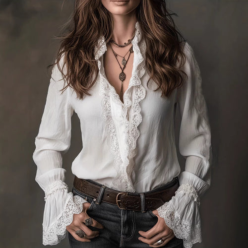 Damen elegante Bluse mit Rüschendetails und Spitzenbesatz EB