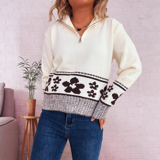 Damen Grobstrickpullover mit floralen Mustern und praktischen Halbarm EB