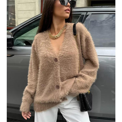 Damen Flauschiger Cardigan mit Wickeloptik und Knopfdetail EB