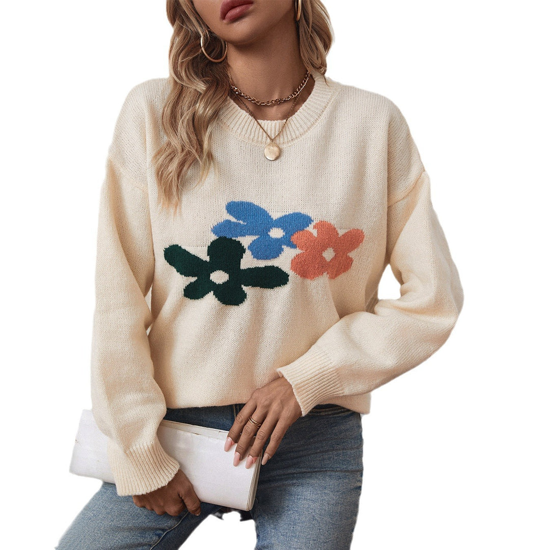 Damen lässiger Pullover mit floralen Motiven und Rundkragen EB