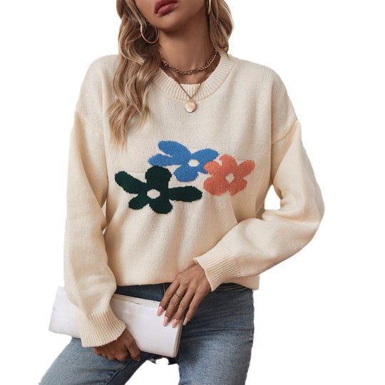 Damen lässiger Pullover mit floralen Motiven und Rundkragen EB