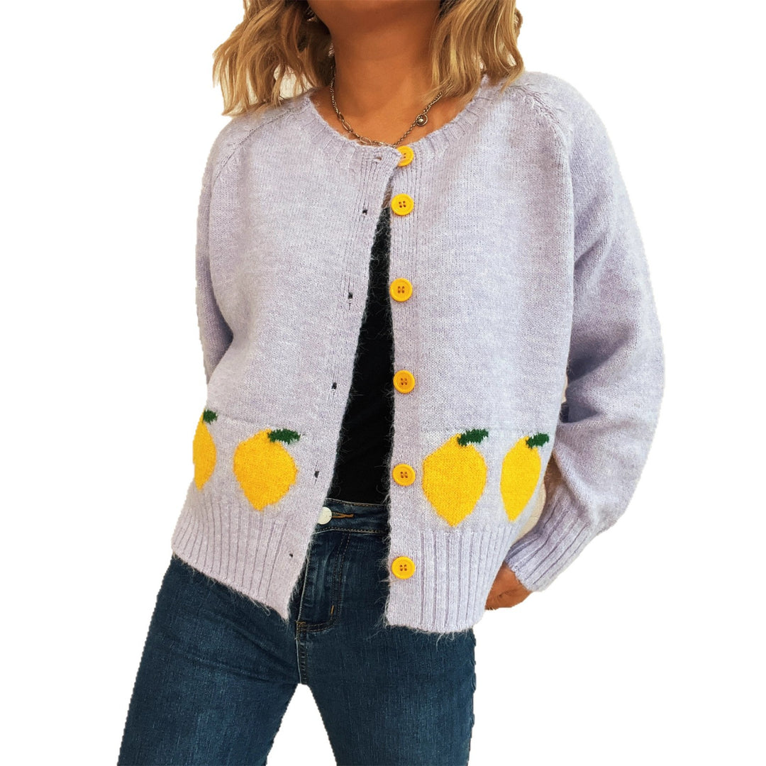Damen Strickjacke mit fruchtigem Motiv und Knopfdetails EB