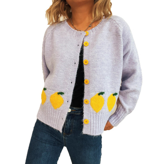 Damen Strickjacke mit fruchtigem Motiv und Knopfdetails EB