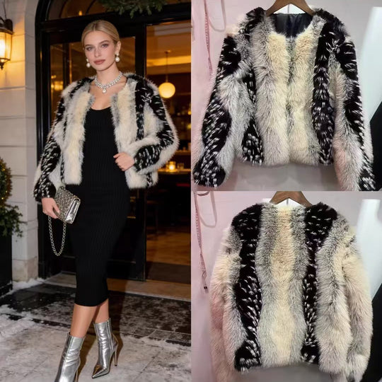 Damen nan kurze Kunstpelzjacke mit kontrastierenden Längsbesätzen und Rundhalsausschnitt EB