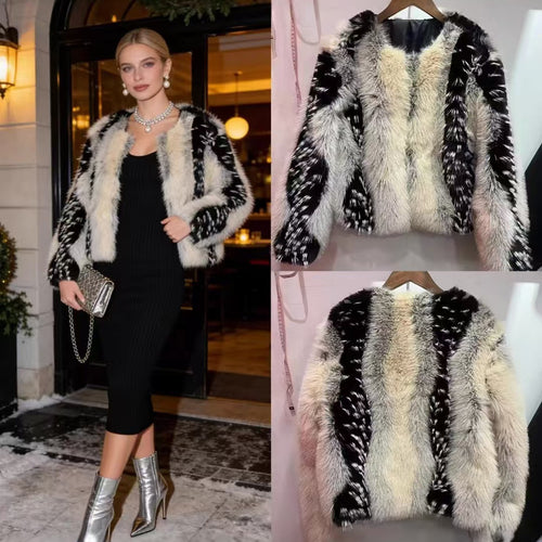 Damen nan kurze Kunstpelzjacke mit kontrastierenden Längsbesätzen und Rundhalsausschnitt EB