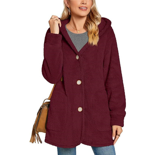 Damen kuschelige Oversized-Jacke mit Kapuze und praktischen Taschen EB
