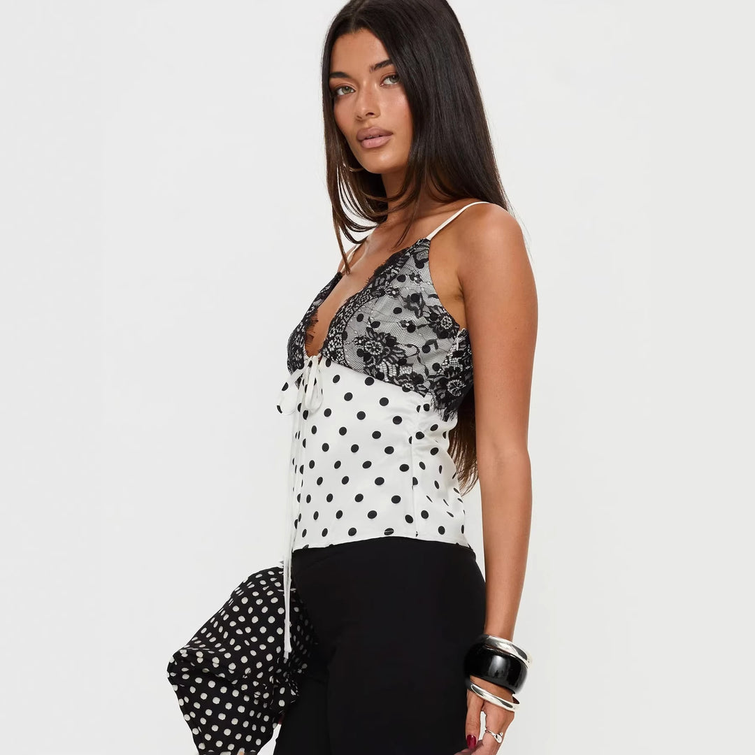 Damen Verspielt elegantes Spaghettiträgershirt mit Spitze und Punktemuster EB