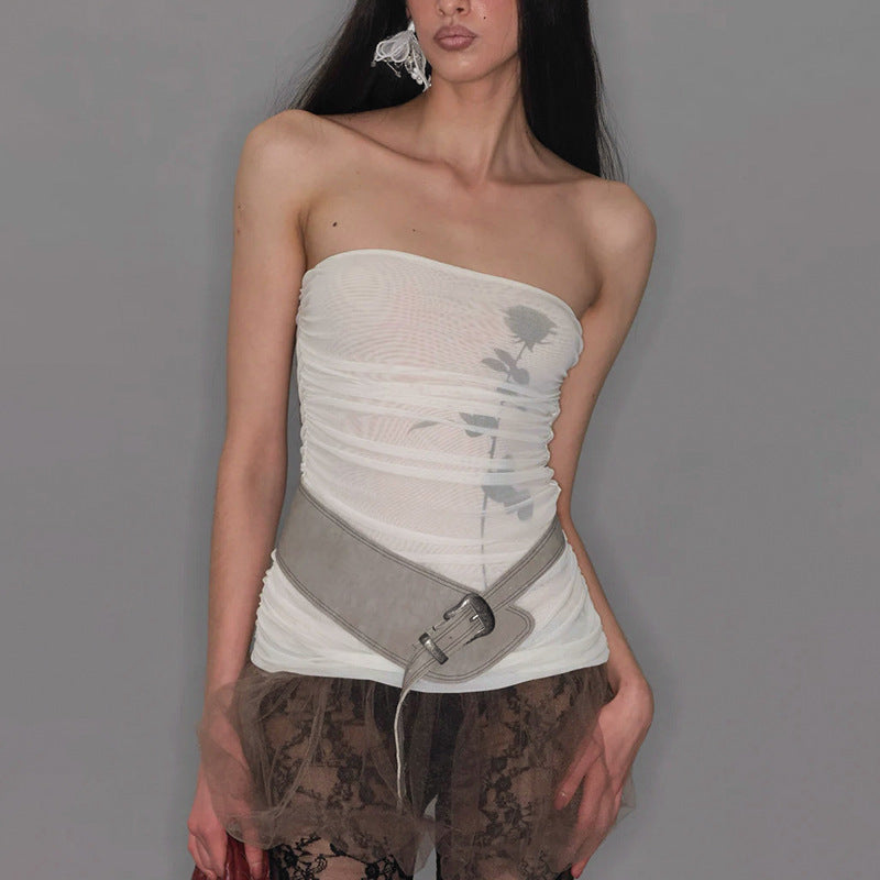 Damen Bandeau-Top mit Raffung und transparentem Stoff EB