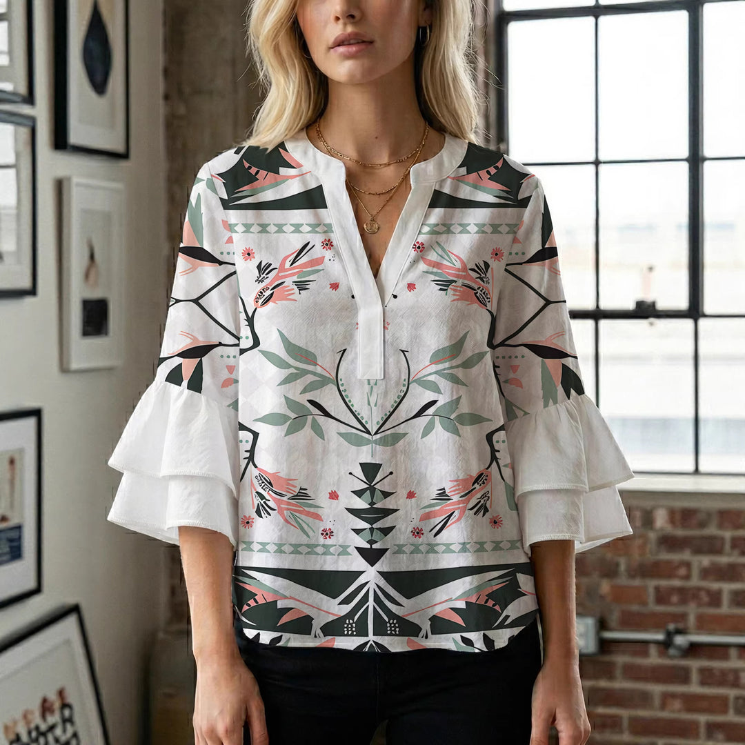 Damen lässige Bluse mit Volantärmeln und botanischem Druck EB