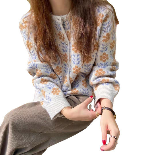 Damen Strickjacke mit floralen Muster und Knöpfen EB