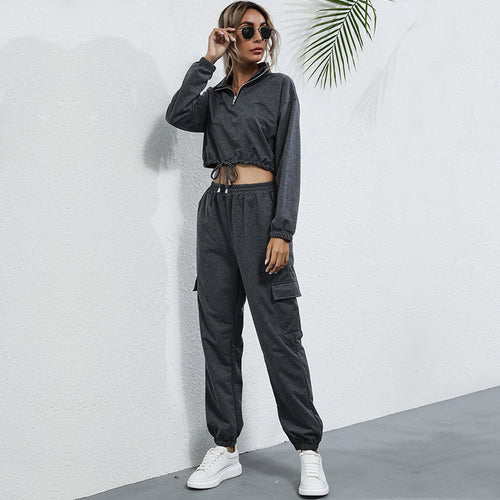 Damen Freizeit-Jumpsuit mit halbem Reißverschluss und praktischen Taschen EB