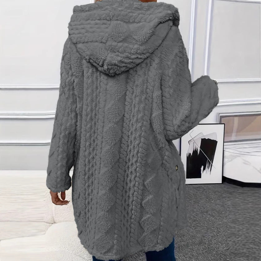 Damen Gemütlicher Hoodie-Mantel aus Teddy-Fleece EB