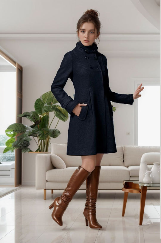 Damen eleganter Kapuzenmantel mit doppelter Knopfreihe und seitlichen Taschen EB